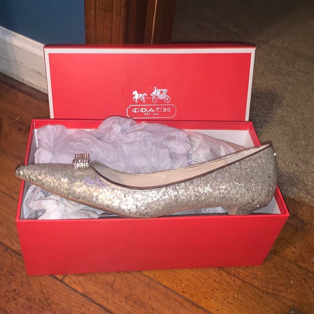 Coach Monroe Silver Glitter Kitten Heels with Bow